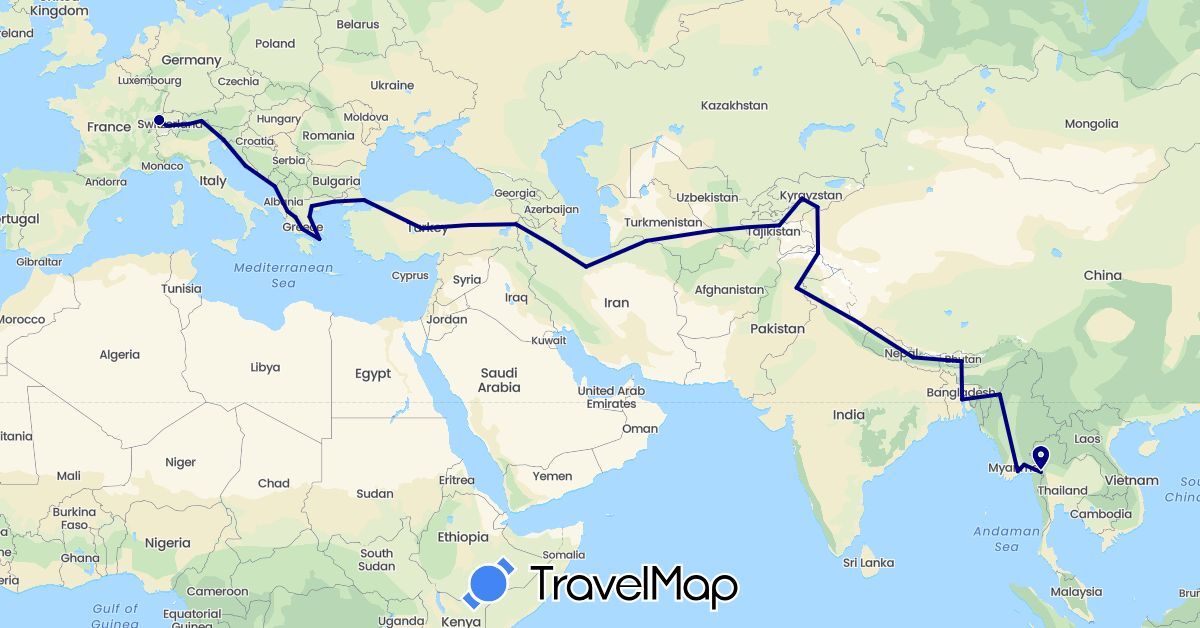 TravelMap itinerary: driving in Albania, Bangladesh, Switzerland, China, Greece, Croatia, India, Iran, Italy, Montenegro, Myanmar (Burma), Nepal, Thailand (Asia, Europe)